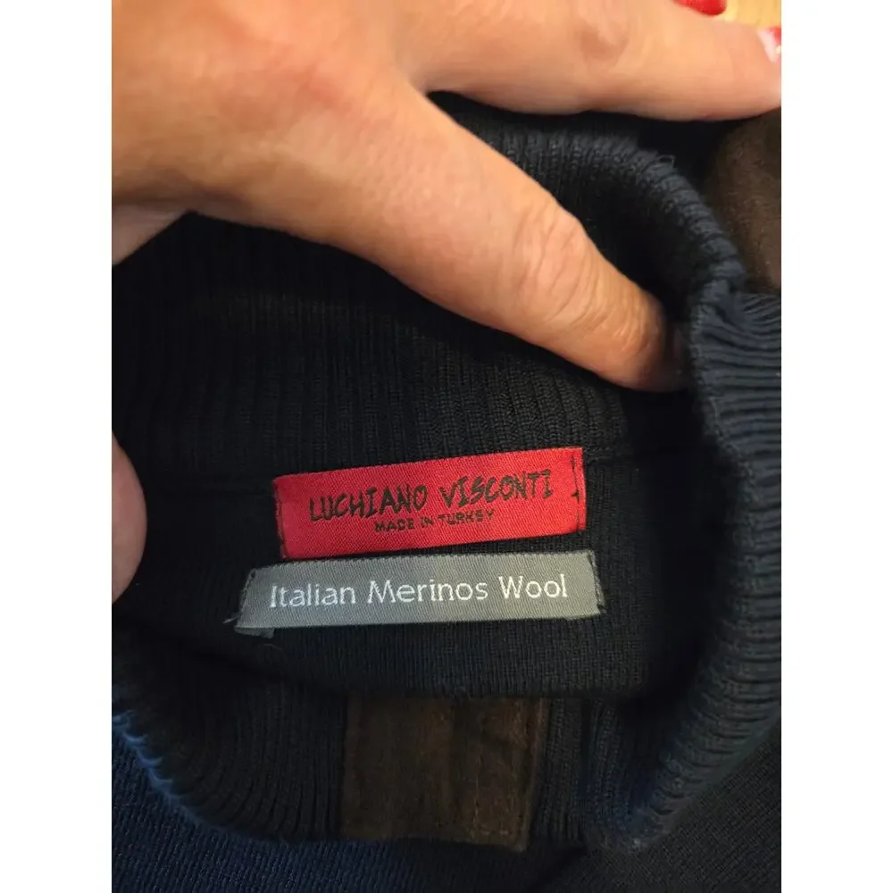 Luchiano Visconti Mens XL Italian Merino Wool Sweater Navy Mock Neck Suede Patch